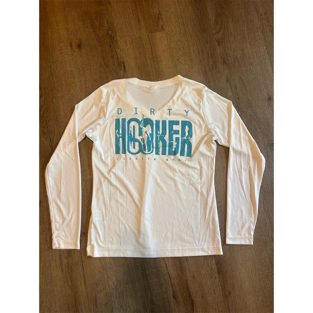 Dirty Hooker T-Shirt Womens Size S White Long Sleeve V-Neck Performance Logo